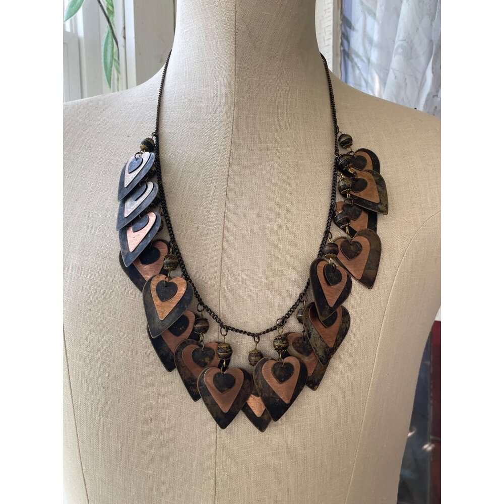 Vintage 1970s Copper Charm Hearts Bib Necklace Boho Statement